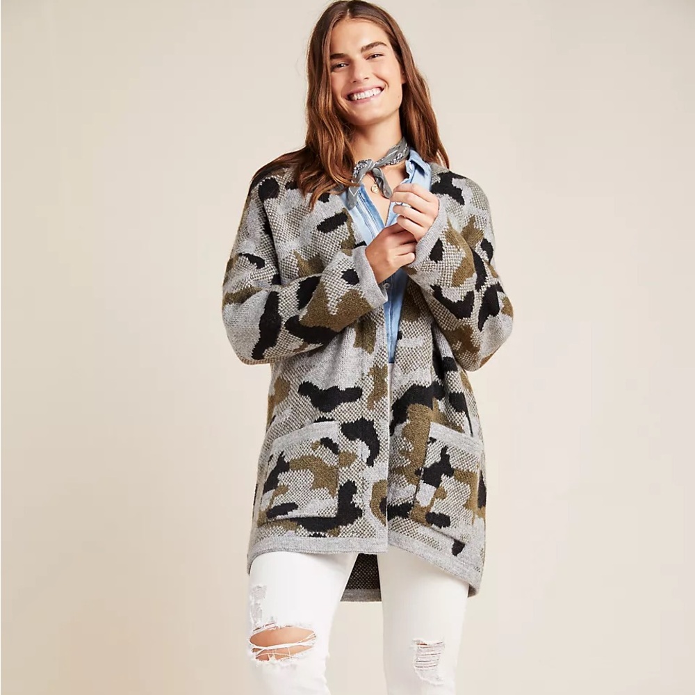 Anthropologie Vera Camo Cardigan Green Black Gray Camouflage Oversized Pockets